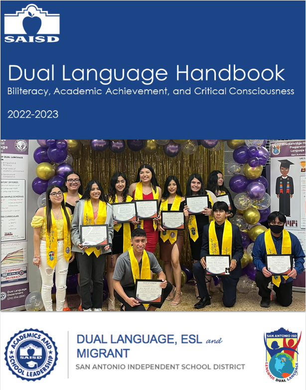 dual language handbook cover with students